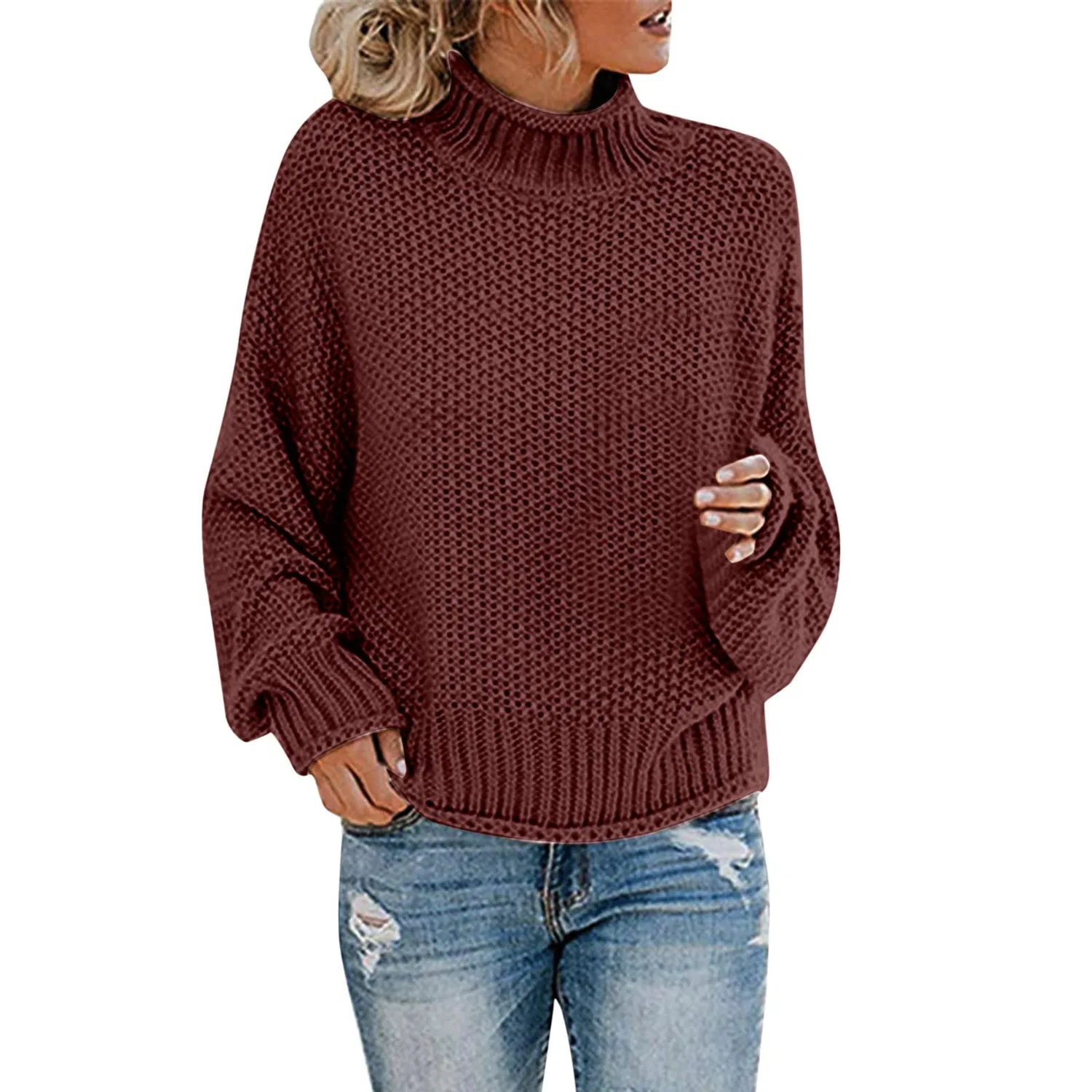 Женский свитер оверсайз с длинным рукавом Plain Crew Neck Solid Loose Fit Winter Sweaters, Wine