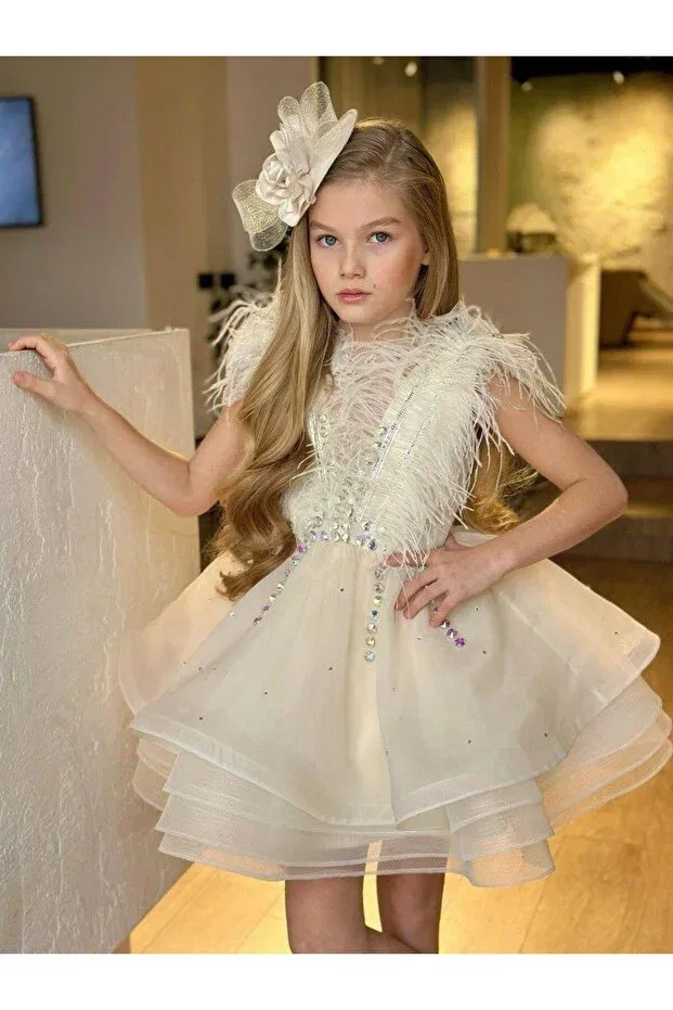 Детское вечернее платье для девочек с пайетками feathered stone embroidered layered tulle detachable tail detailed Mc Minicool, Beige — фото 4