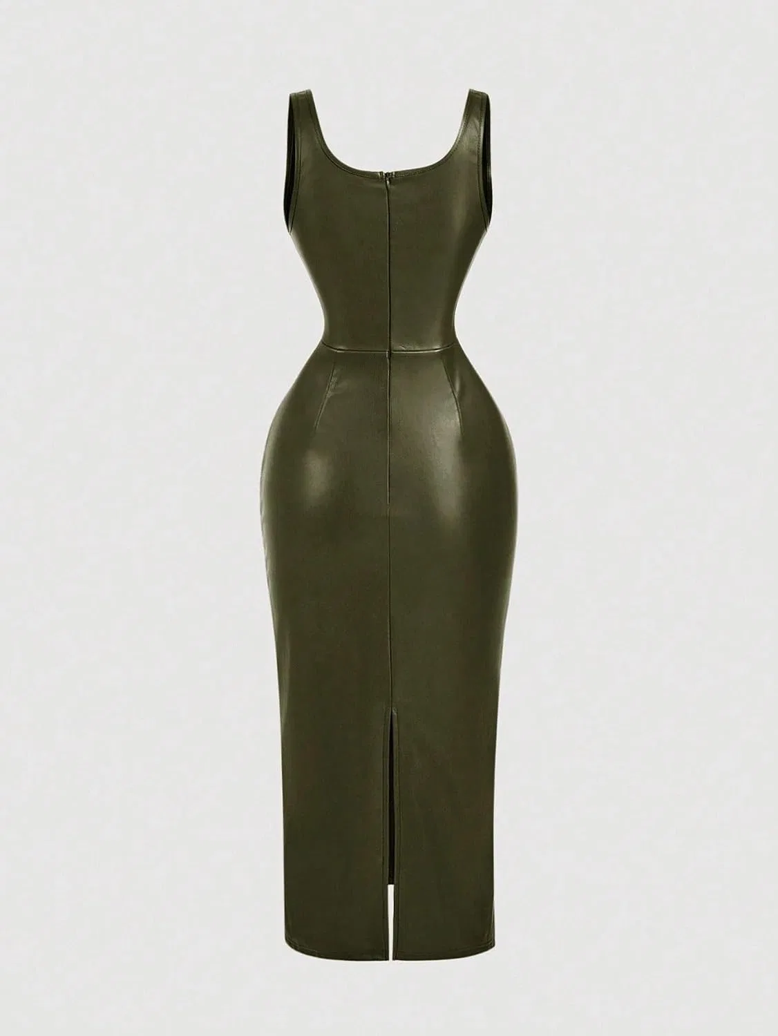 Женское облегающее платье миди из PU кожи с разрезом, Olive Green — фото 2