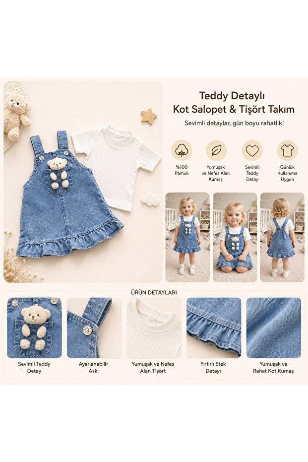 Детский комплект для девочек джинсовый с принтом Teddy Bear Ruffle Denim Dress Striped Short Sleeve Bodysuit 2-Piece Set Bebexo Kids, Blue — фото 3