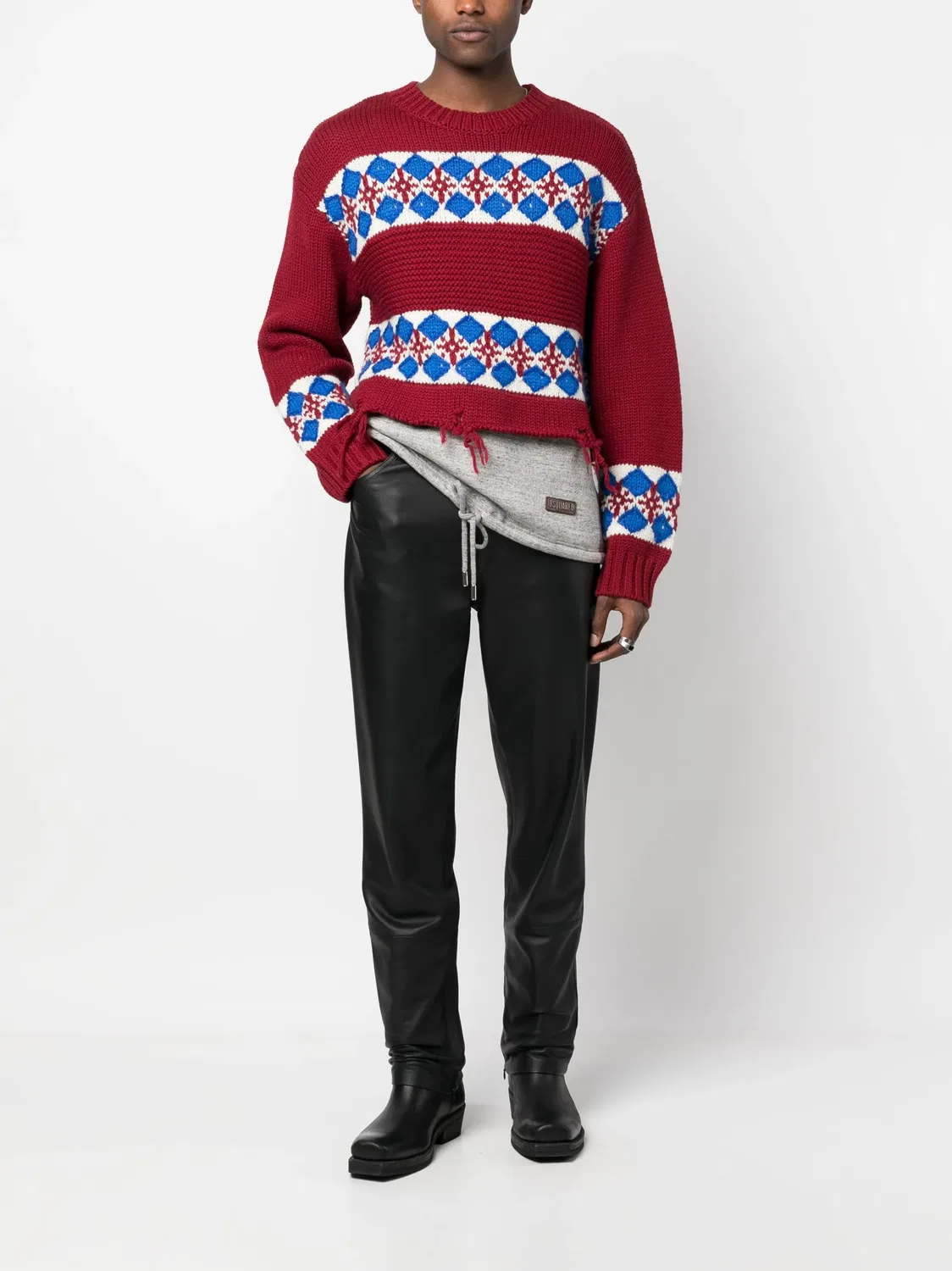 Модный вязаный джемпер с потертостями DSQUARED2, бордовый — фото 4