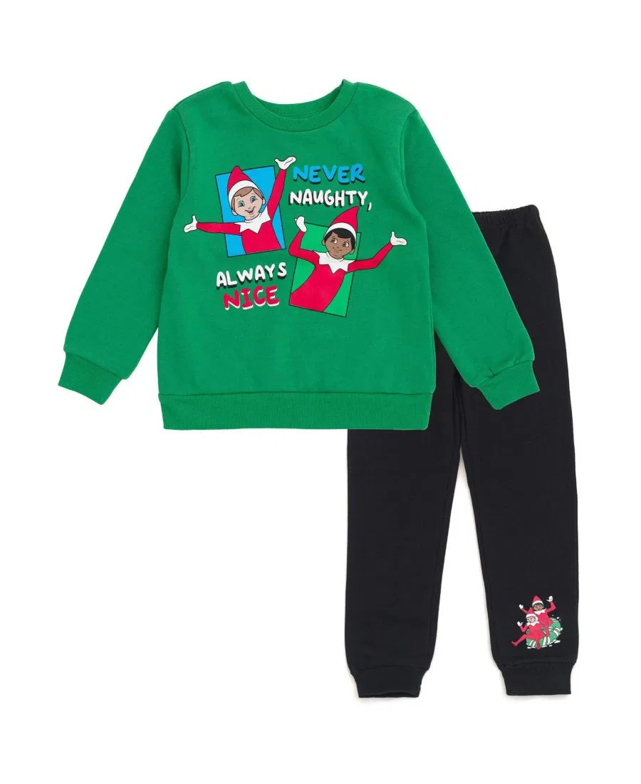 Комплект из свитшота и спортивных брюк с принтом Never Naughty, Always Nice Elf on the Shelf, Green / Black