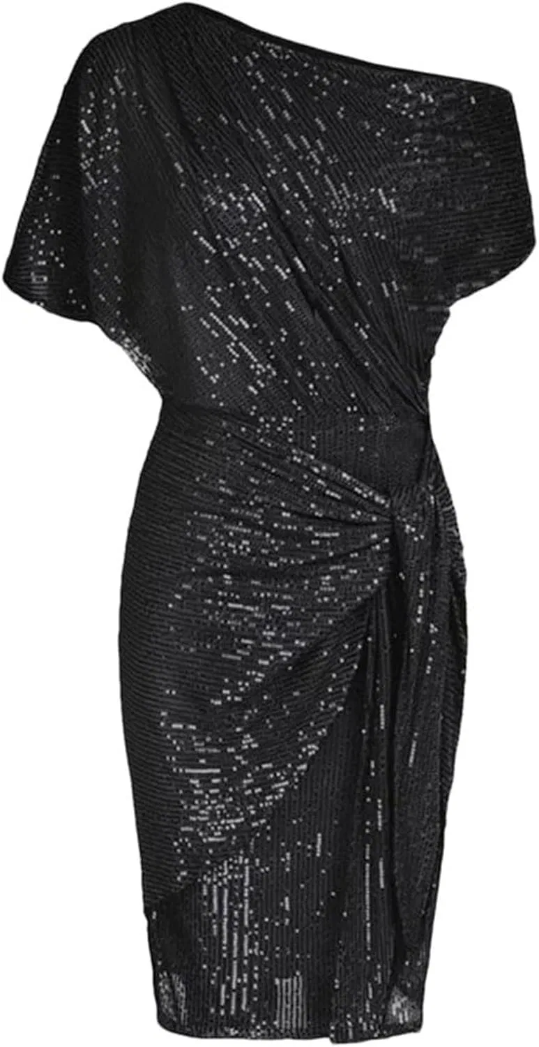 Женское коктейльное платье с пайетками асимметричное, Black