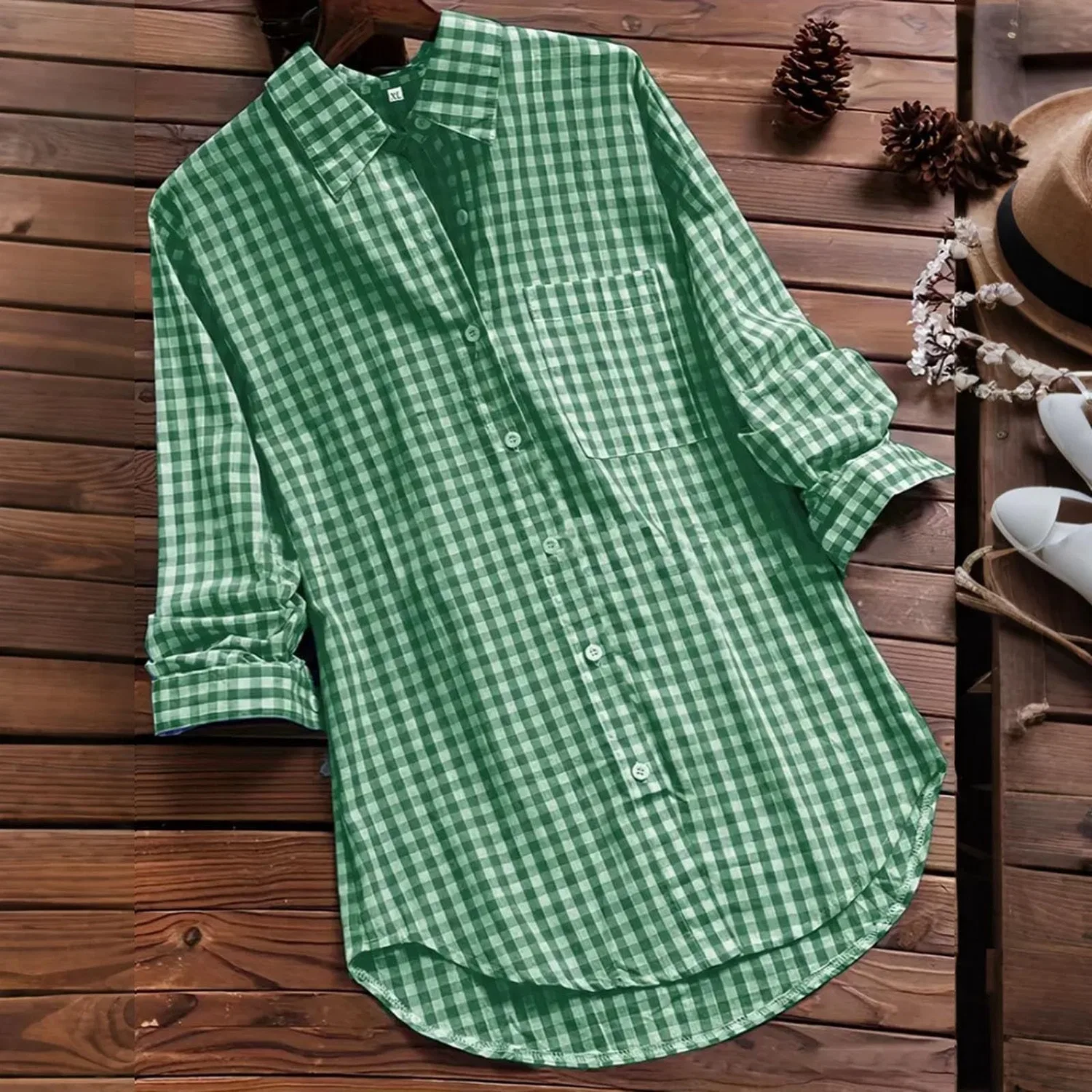 Женская блузка с длинным рукавом Plaid Cotton Roll-Up Blouse, Green — фото 2