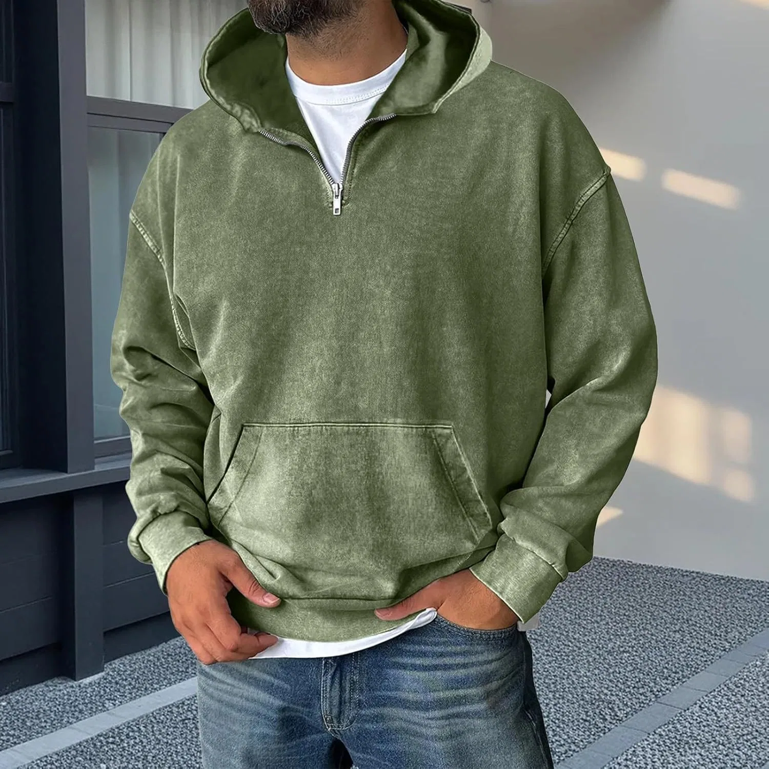 Худи мужское с капюшоном, на молнии, бренд Generic, цвет Blackish Green — фото 2