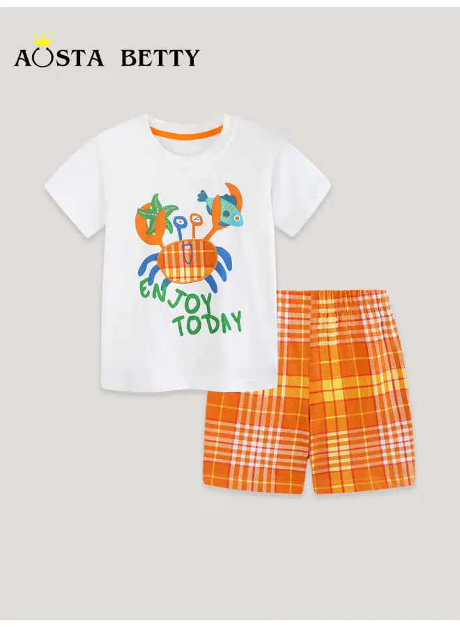 Комплект шорт в клетку с вышивкой краба, модель Summer new boys' plaid shorts set, Aosta Betty Store — фото 2