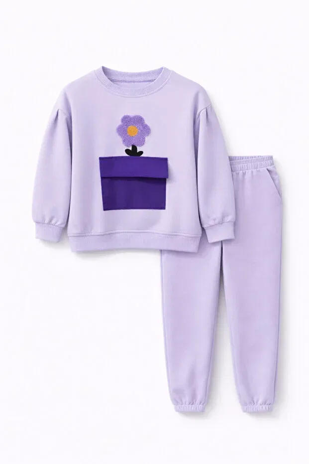 Детский комплект спортивного костюма для девочек с вышивкой Lila Bag Pocket Detail Oversize Embroidered Balkabaği, Purple