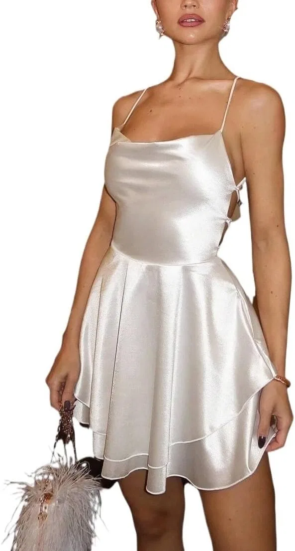 Женское мини-платье на бретелях с открытой спиной и шнуровкой, White — фото 2