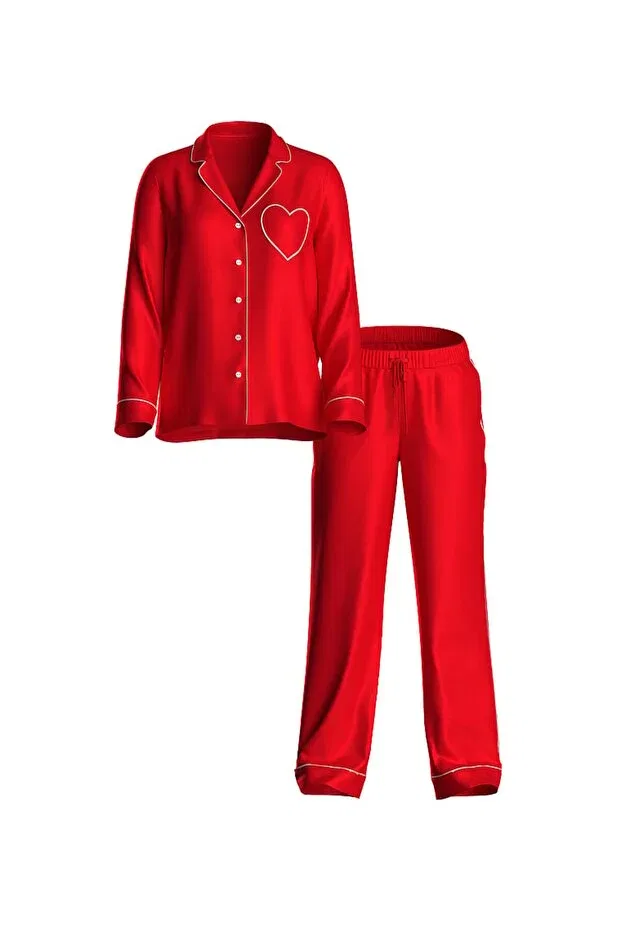 Женский комплект пижамы с длинным рукавом Heart Detailed Glazed Satin Victoria'S Secret, Heart Detailed Open Red — фото 3
