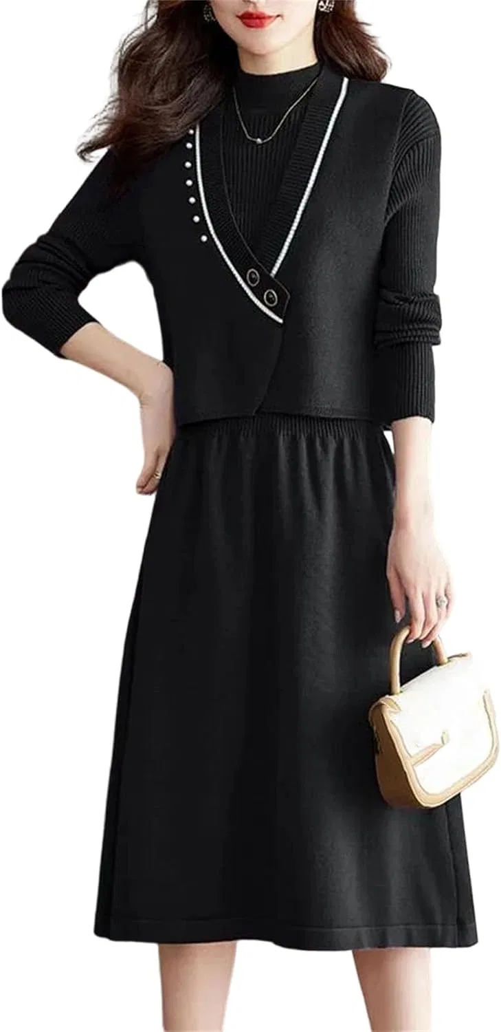 Женский костюм из двух предметов с вязаным топом и юбкой, Black