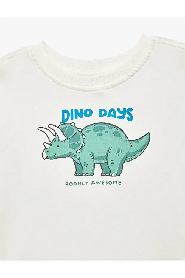 Детская футболка для мальчиков с принтом Dinosaur printed cotton ecru baby boy shirt Koton, Ecru — фото 3