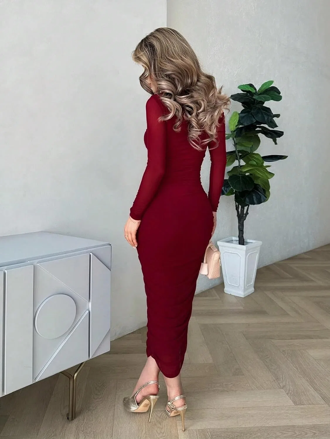 Женское элегантное платье миди с асимметричным вырезом Bodycon, Burgundy — фото 2