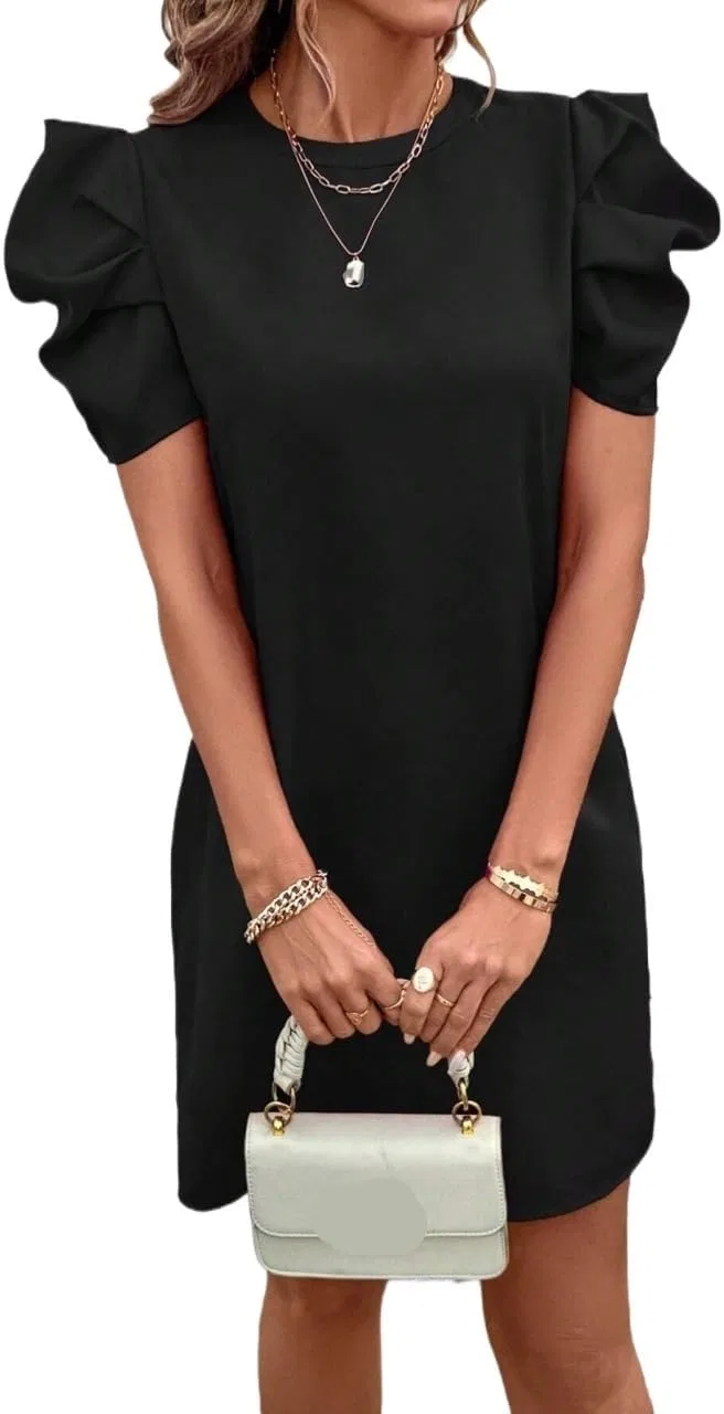 Женское повседневное платье-туника с рюшами, Short Sleeve, Black