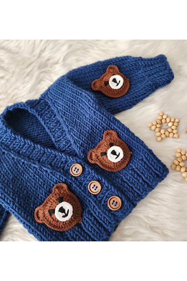 Детский кардиган для мальчиков с принтом Hand knitted bear baby boy El Örgüsü, Blue