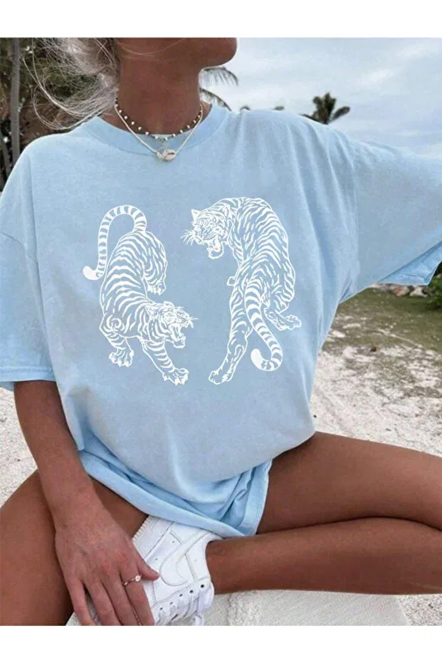 Детская футболка с принтом Unisex men/women tiger colorful custom printed oversize cotton crew neck t-shirt Revasser, Babe Blue