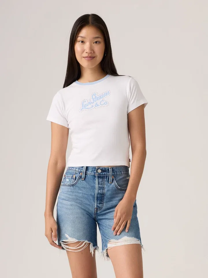 Женская облегающая хлопковая футболка Levi's, White/Light Blue — фото 3