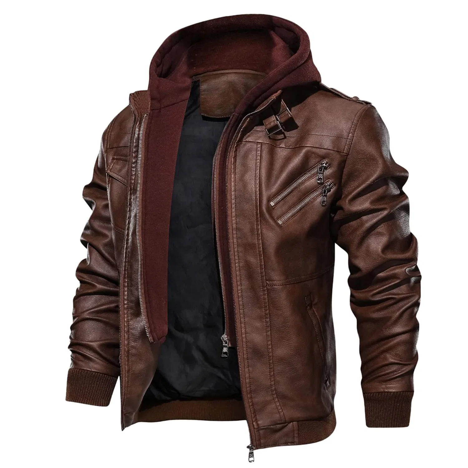 Мужская куртка из экокожи с воротником-стойкой Retro Winter Jacket, brown — фото 4