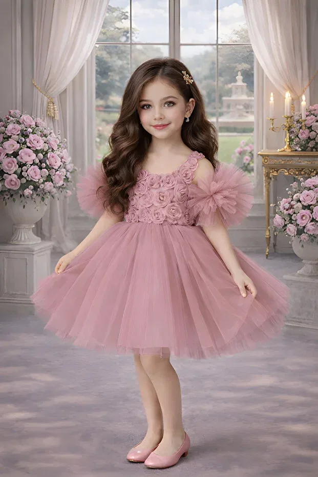 Детское платье для девочек с принтом Pompom sleeves, rose patterned tulle party and birthday dress, powder color Rumi Kids, Powder