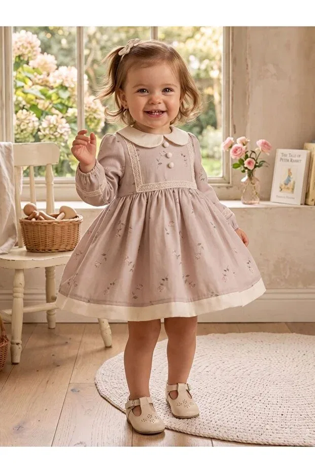 Детское платье для девочек с принтом Baby Collar Rose Patterned Design Cherrys Bebek, Beige