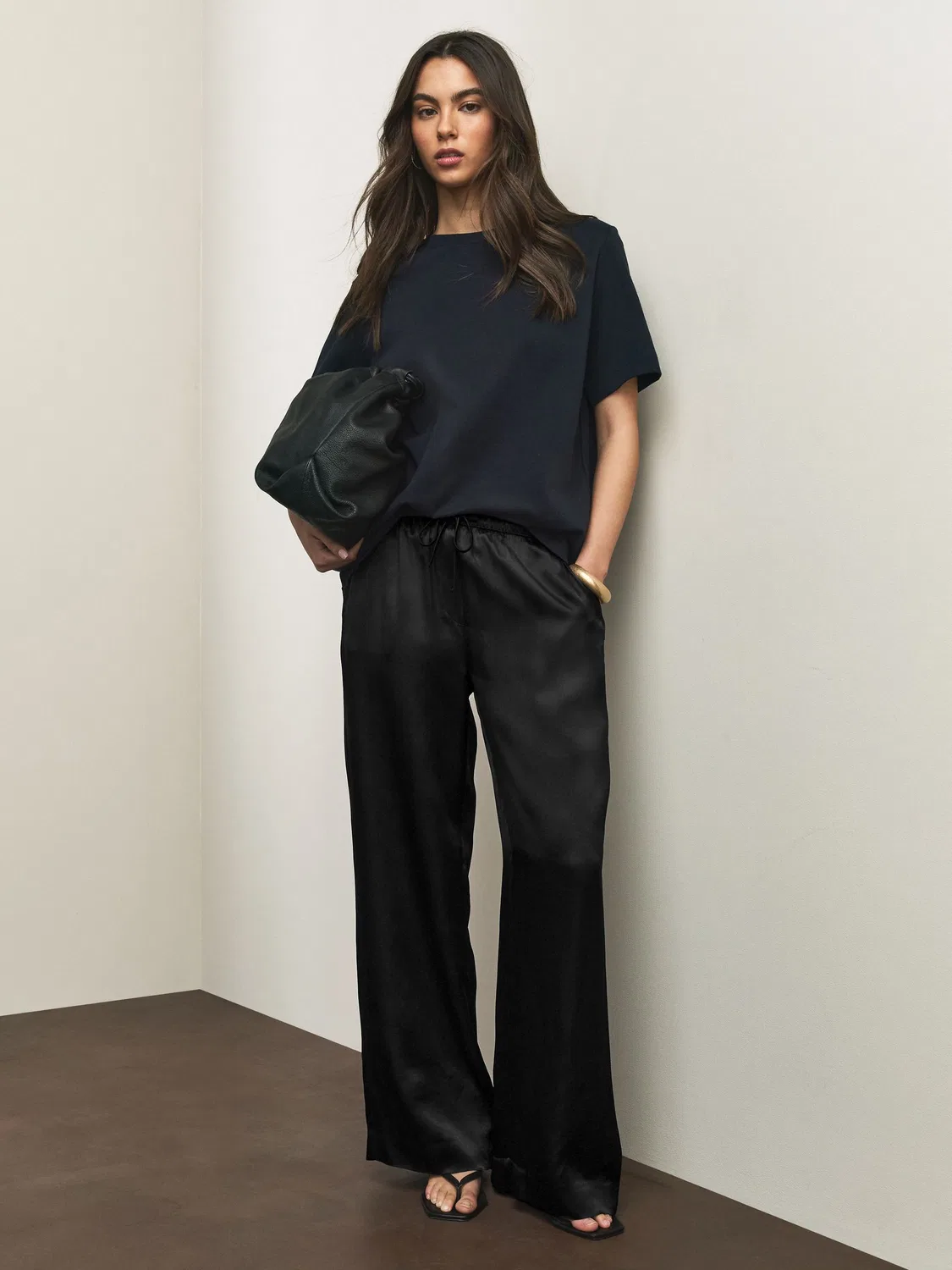 Брюки широкие Black Satin Tie Waist Wide Leg Trousers Next, черные
