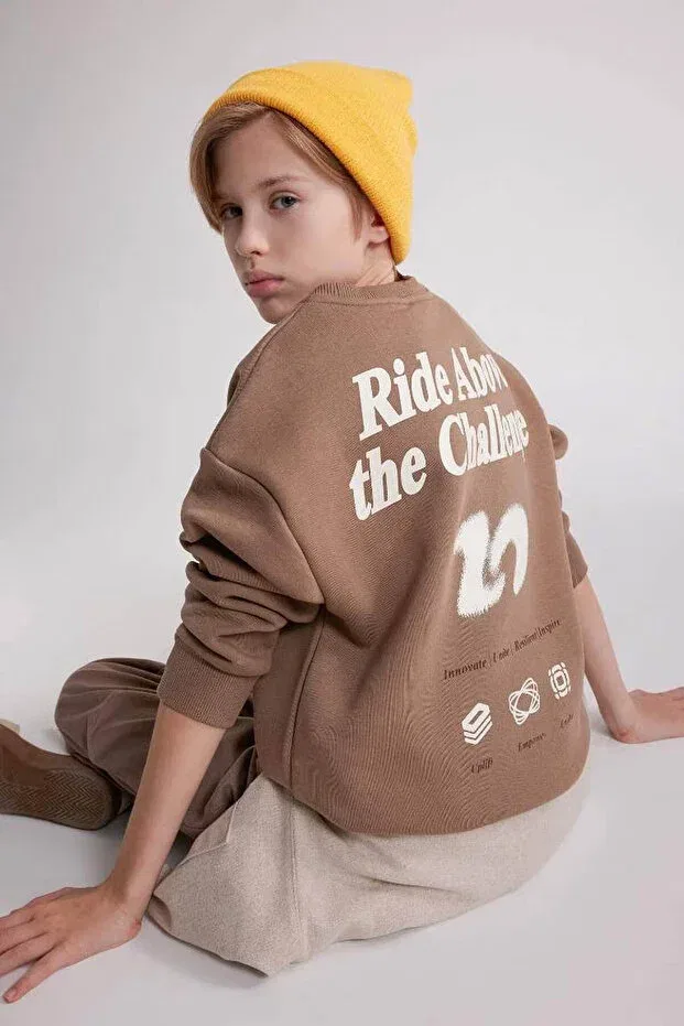 Детские свитшот для мальчиков с принтом Oversize wide fit crew neck printed mink boys' sweatshirt d3968a8/bn296 Defacto, Coffee-Bn296