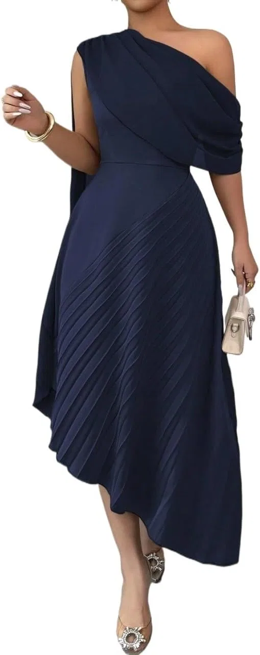 Женское повседневное платье миди с одним плечом, складками, Navy Blue