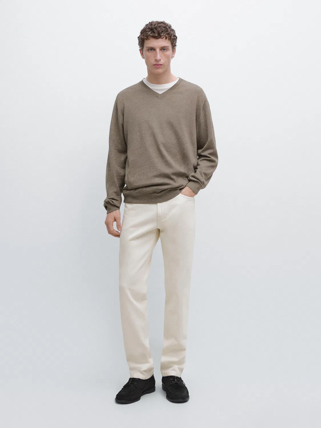 Вязаный свитер из смесовой хлопковой ткани с V-образным вырезом Massimo Dutti, хаки