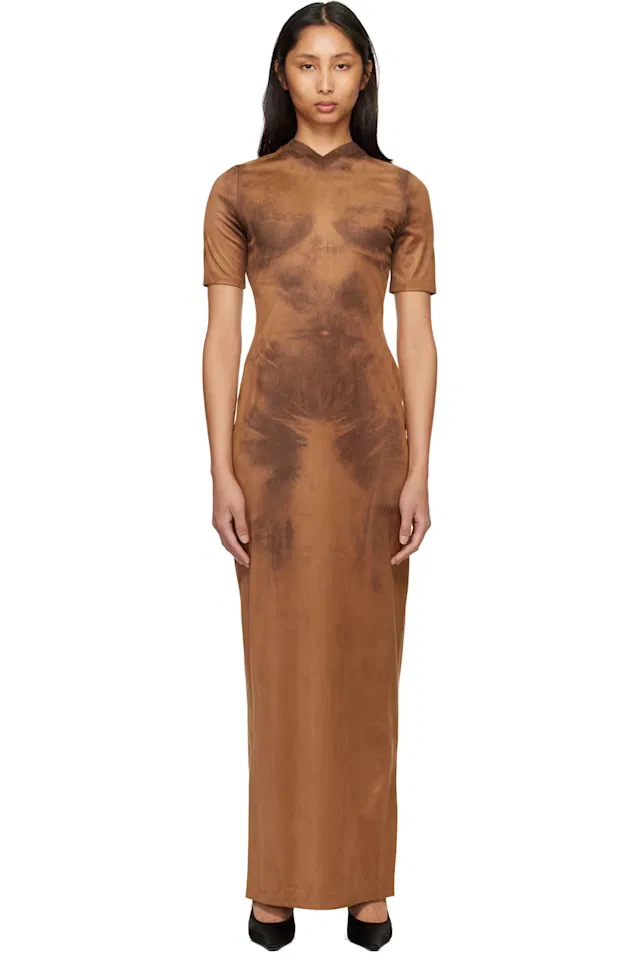 Коричневое платье макси из искусственной замши trompe loeil Acne Studios