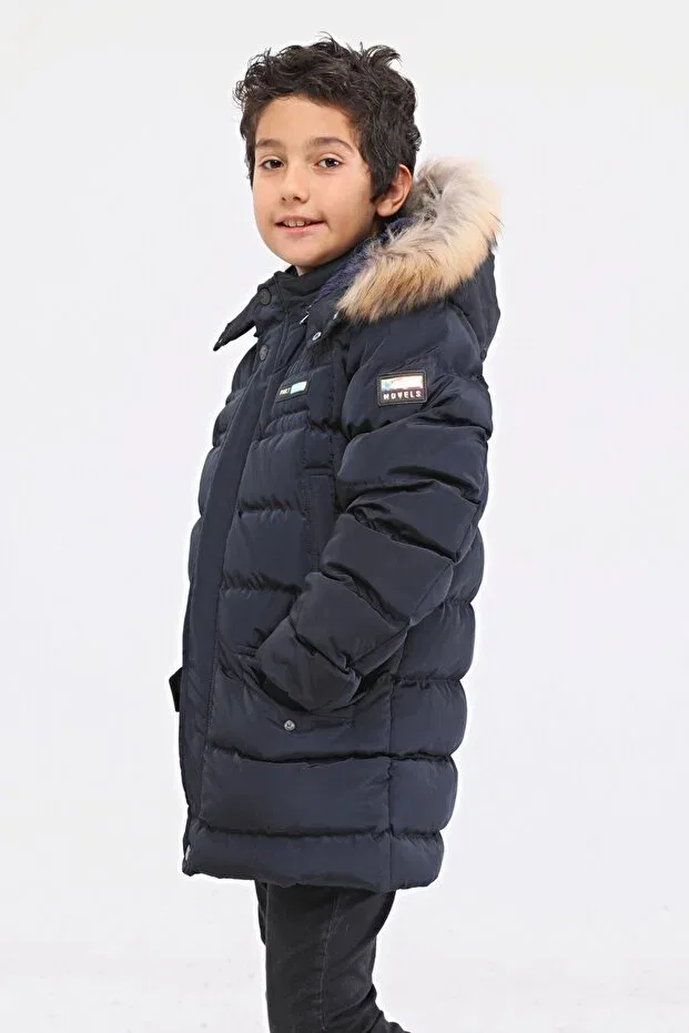 Детский зимнее пуховик для девочек с капюшоном Natural Fur Boy Puffer Coat Benitto Kids, Navy Blue — фото 4