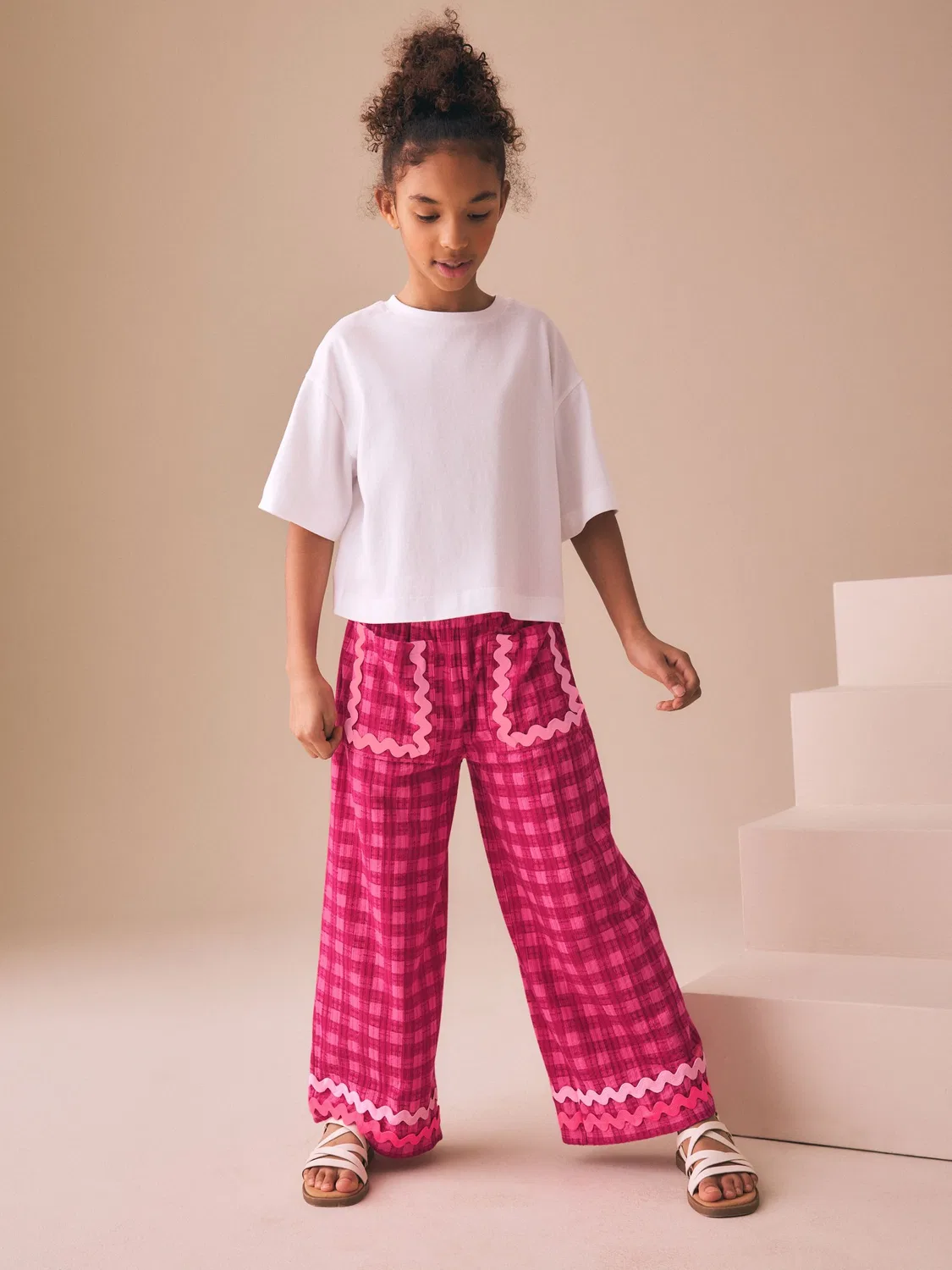 Брюки широкие с гребешковым краем, Pink Gingham Next, розовый в клетку — фото 2