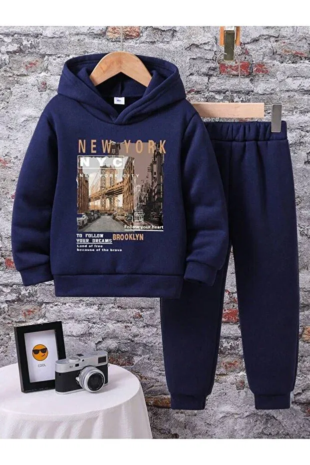 Детский комплект свитшот-брюки для девочек с принтом Navy Blue Newyourkl Printed Hoodie Tracksuit Set Bymeer, Navy Blue