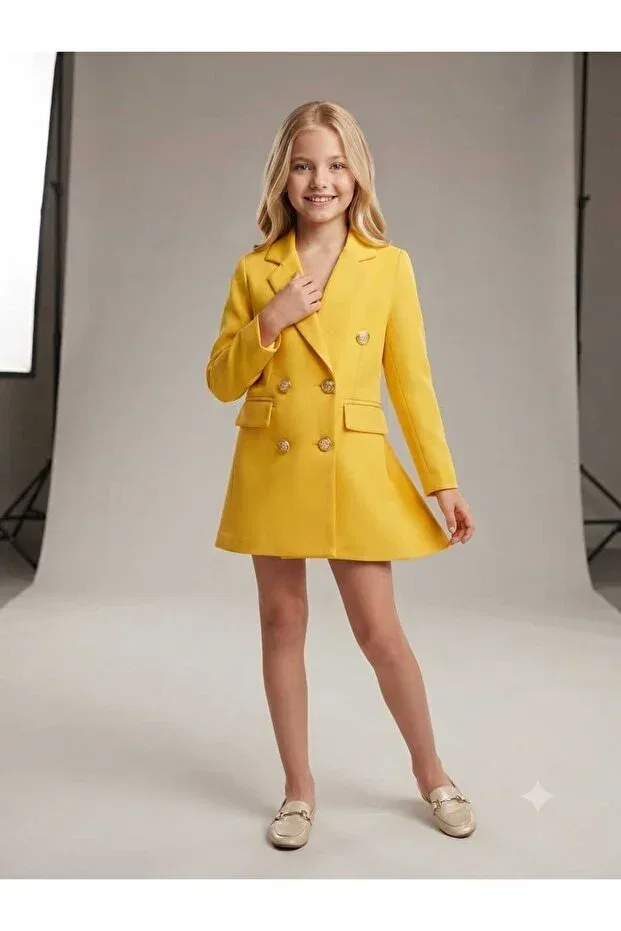 Детский блейзер для девочек с двубортным кроем Mother daughter gold buttoned blazer jacket Hilal Akıncı Kids, Hardal