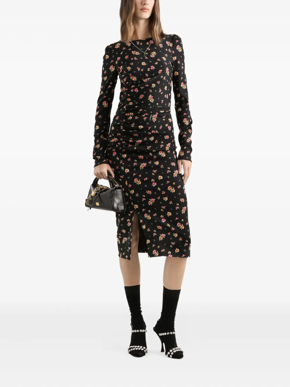 Платье миди с длинными рукавами и цветочным принтом Dolce & Gabbana, черный — фото 2