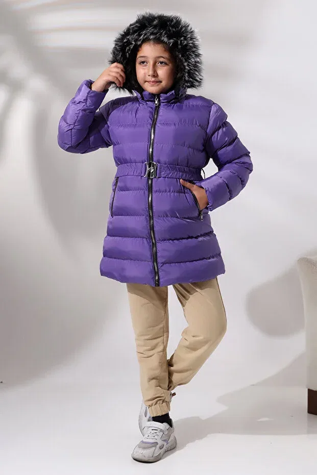 Детское пальто для девочек с капюшоном Lila color fur inside belted children's mount Talsmoda, Lila