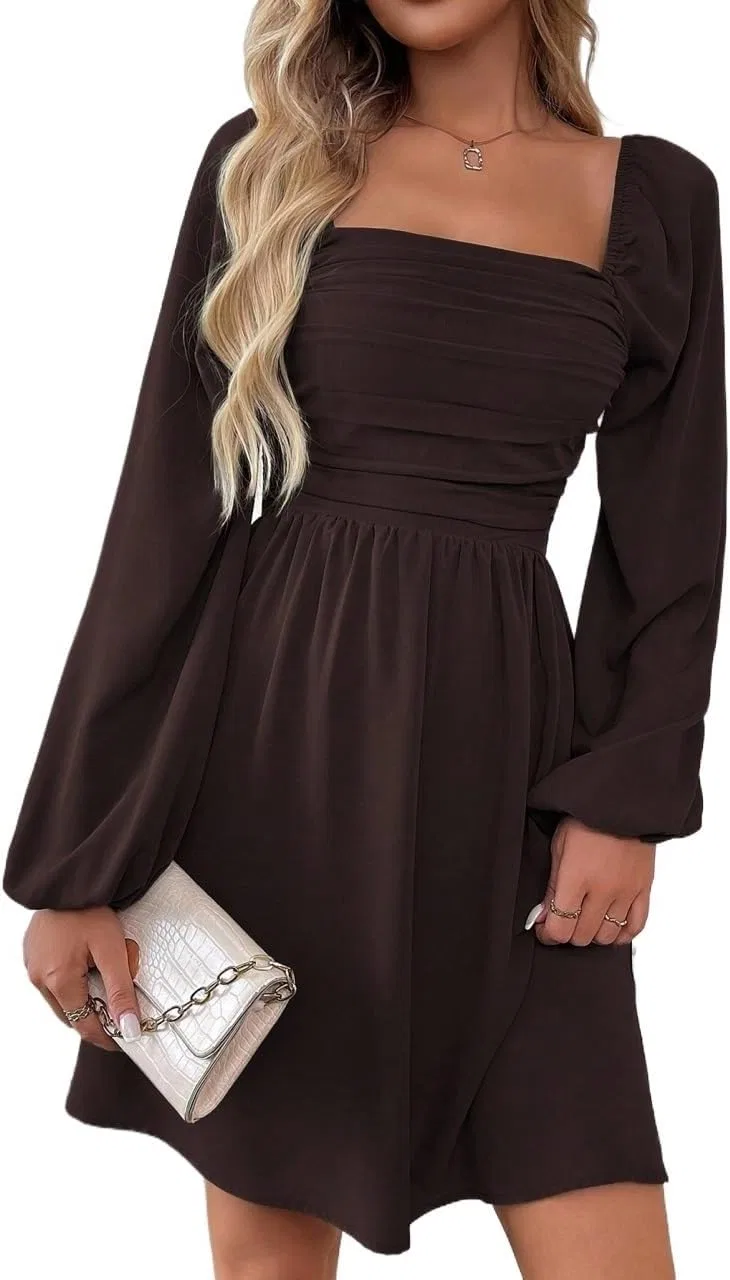 Женское мини-платье А-силуэта Square Neck Ruched, Chocolate Brown