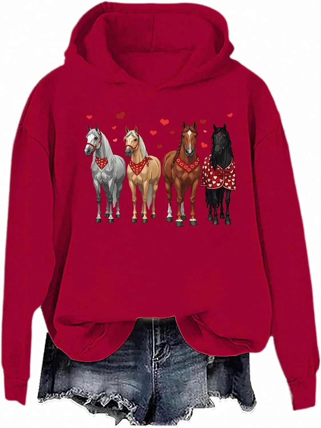 Мужское худи с принтом Horse Valentines Heart, винный