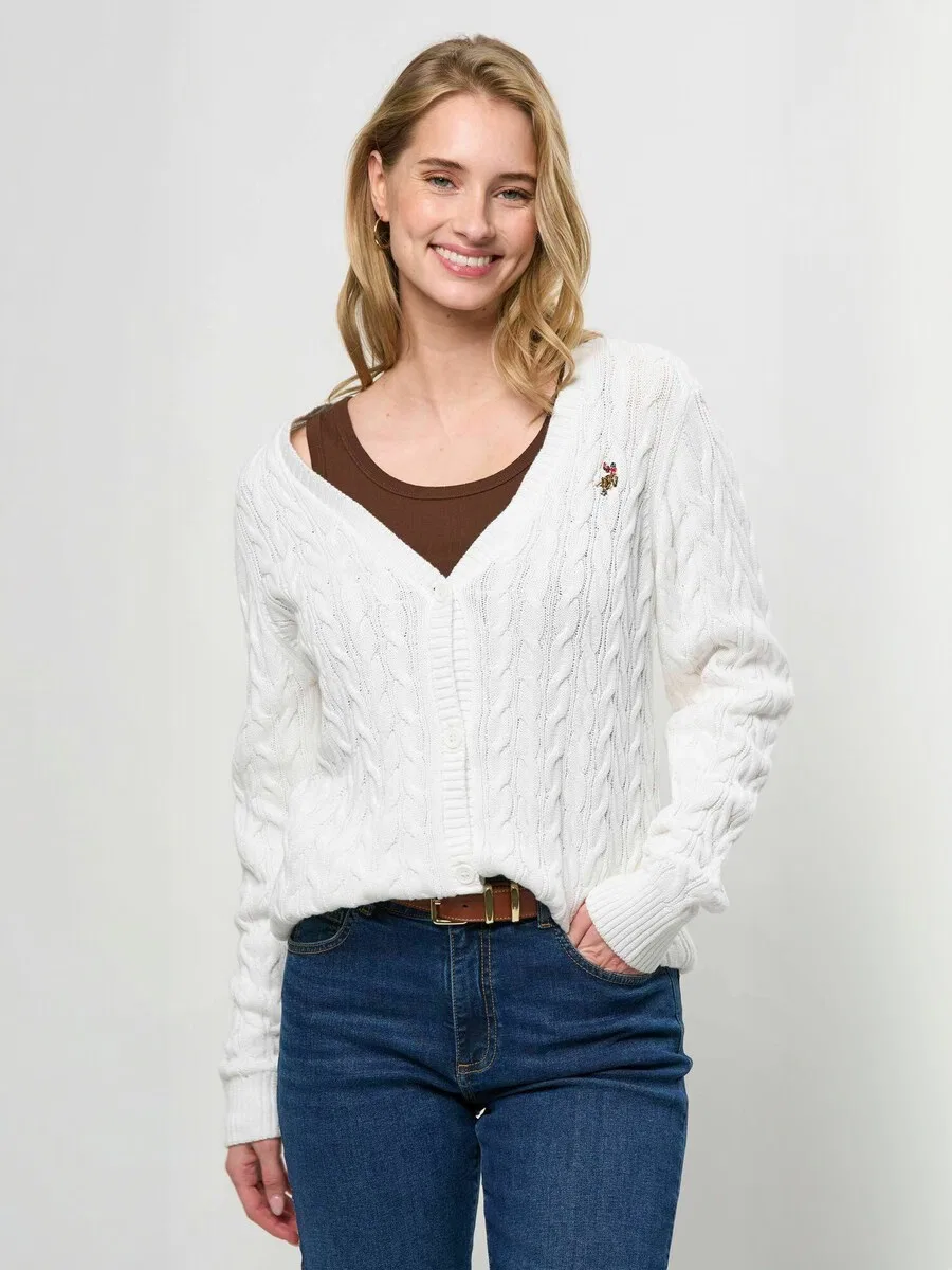 Вязаный кардиган U.S. POLO ASSN. 'UW V-neck' белого цвета — фото 2