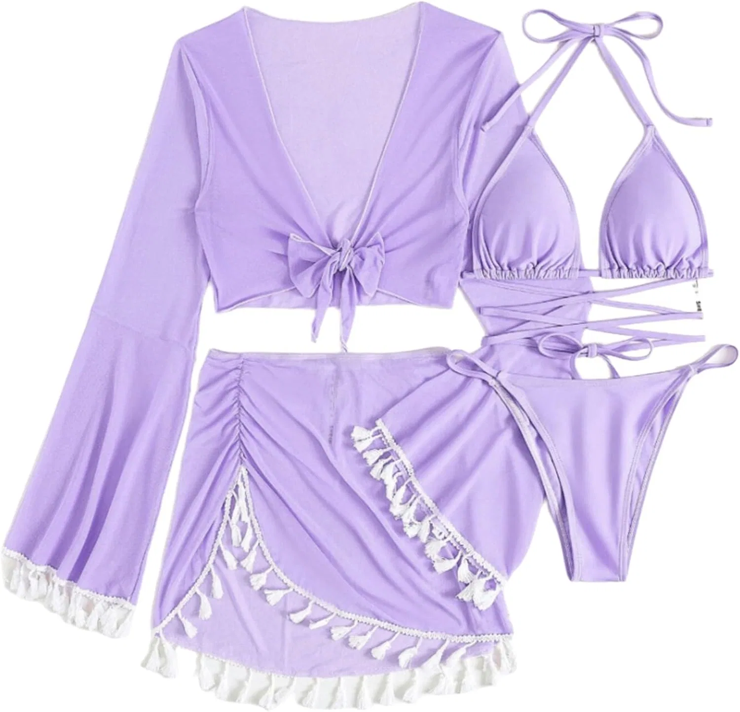 Женский бикини-комплект с кружевной накидкой и мини-юбкой, Purple