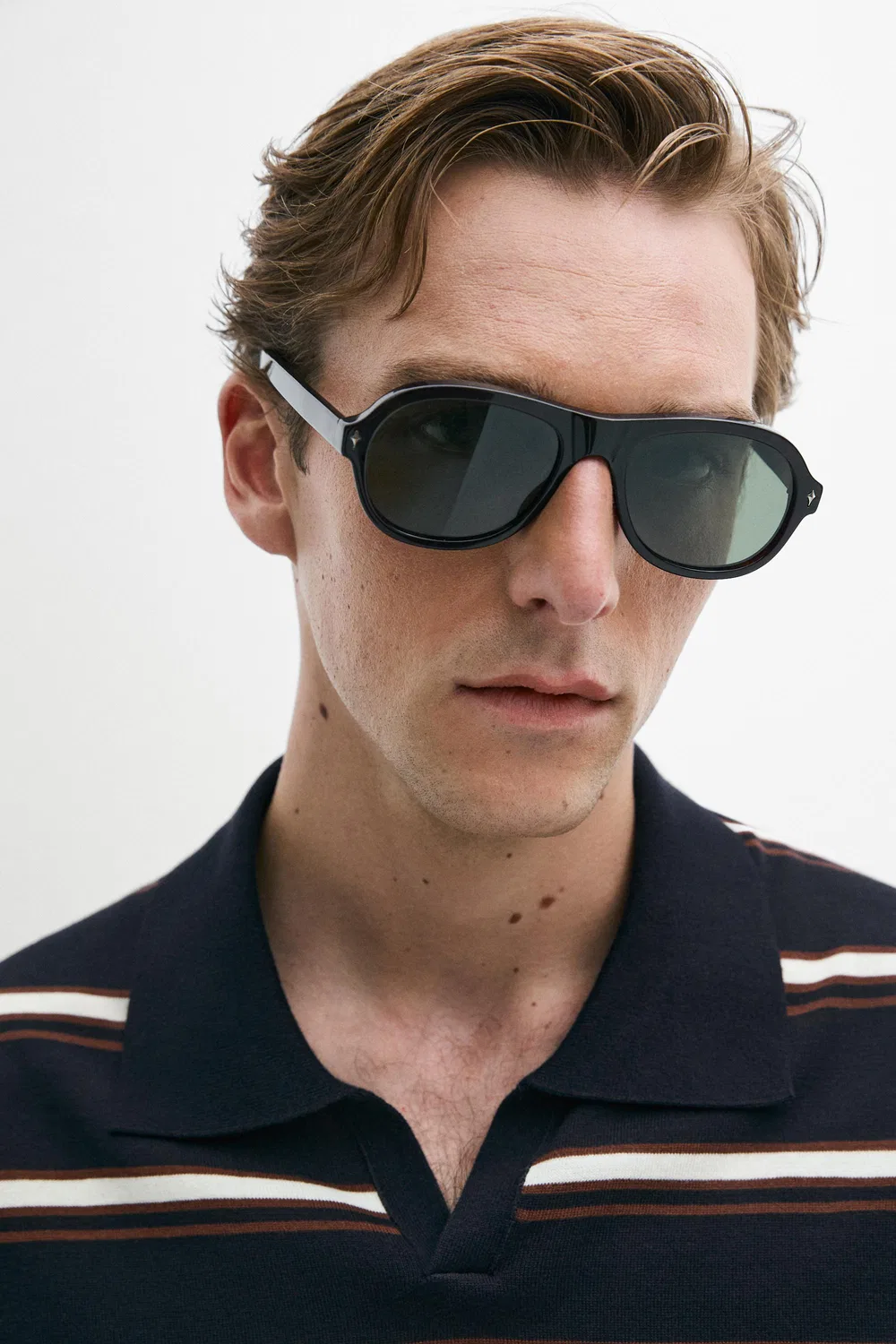 Рубашка-поло Massimo Dutti, трикотажная, полосатая с V-образным вырезом, темно-синий — фото 4