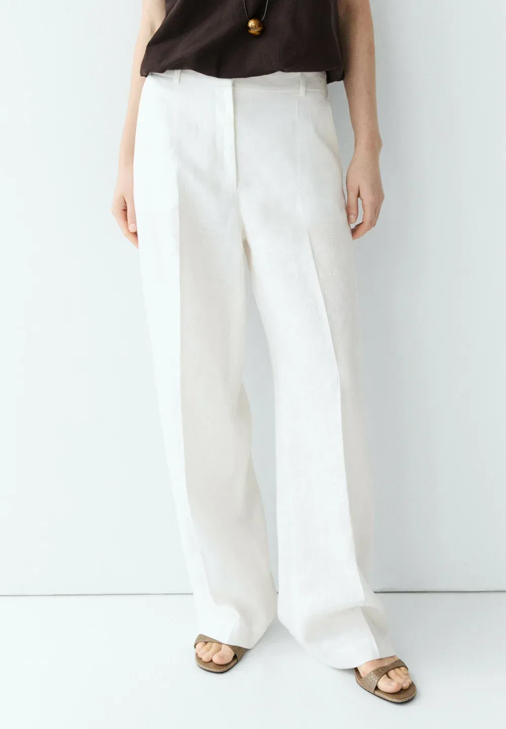Брюки из 100% льна с вытачками Massimo Dutti, White