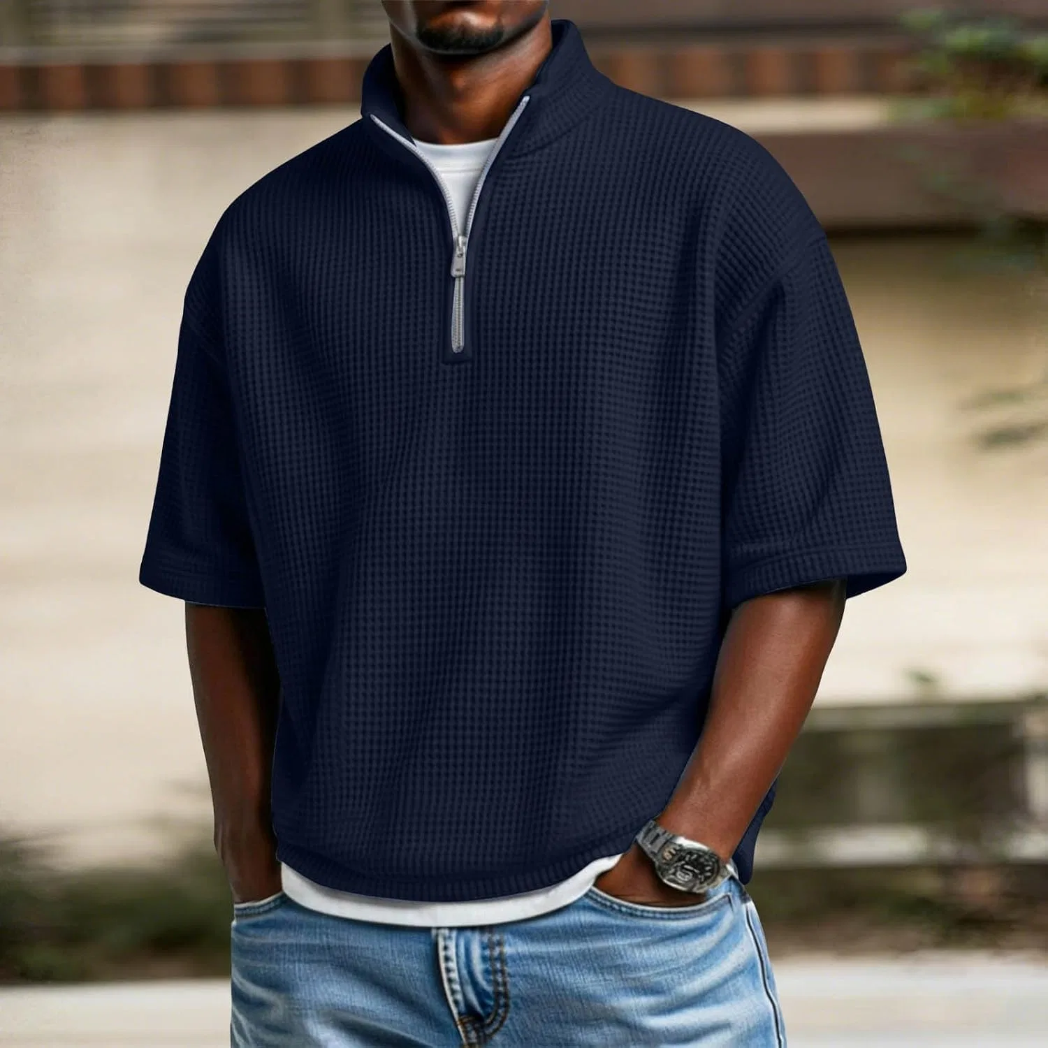 Мужская футболка с четверть-застежкой Waffle Knit, Navy — фото 2