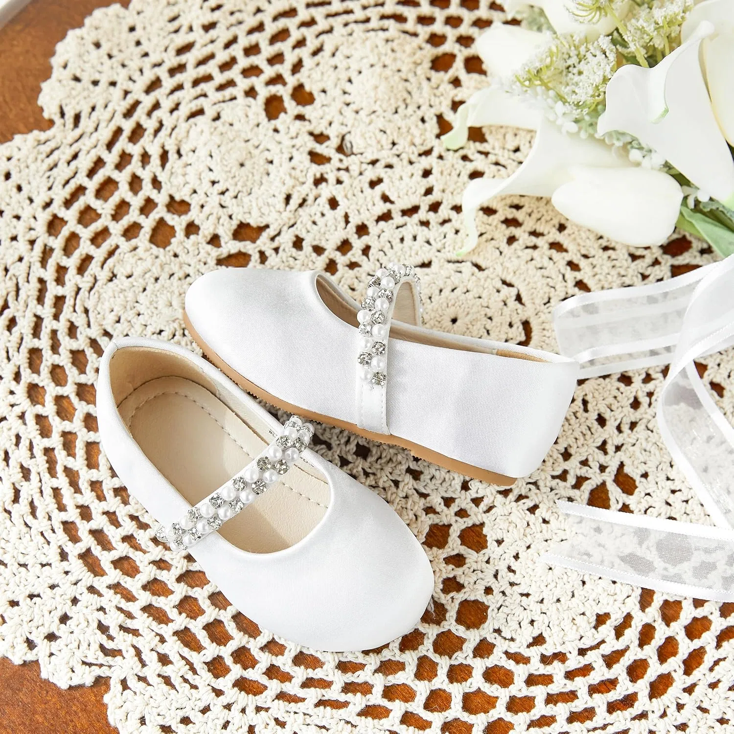 Детские балетки для девочек с цветочным принтом PHIRAMIN, Satin White — фото 3