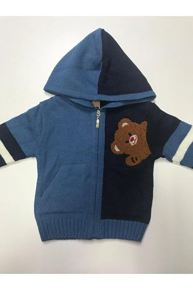Детский кардиган для мальчиков с принтом Winter Knitwear Bear Patterned Hooded Zipper Pockets Boy Sweatshirt Cardigan Baby Slon Kids Clup, Blue-Blue — фото 2