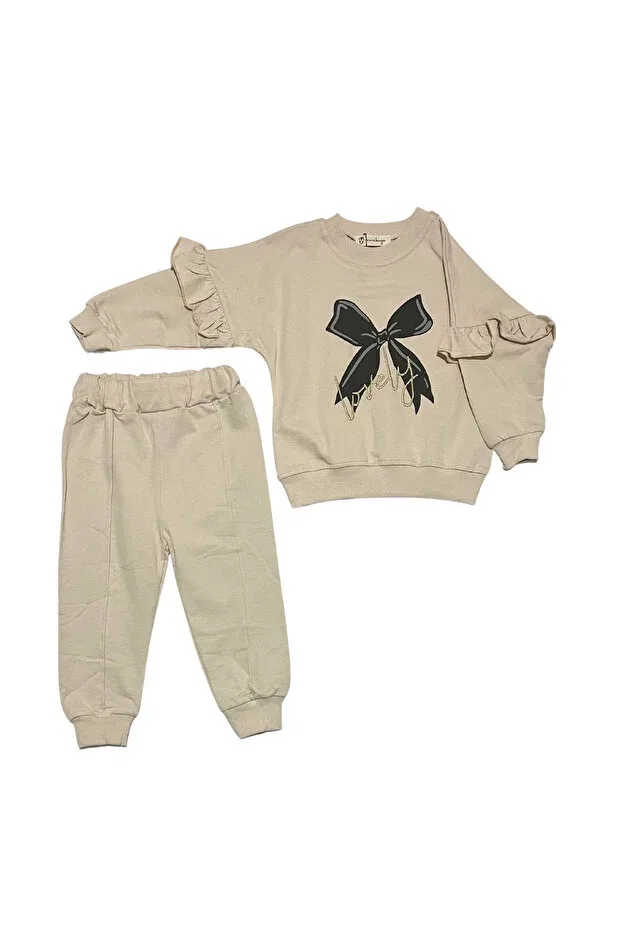 Детский комплект из свитшота и брюк с принтом из футера Minikaya, Beige