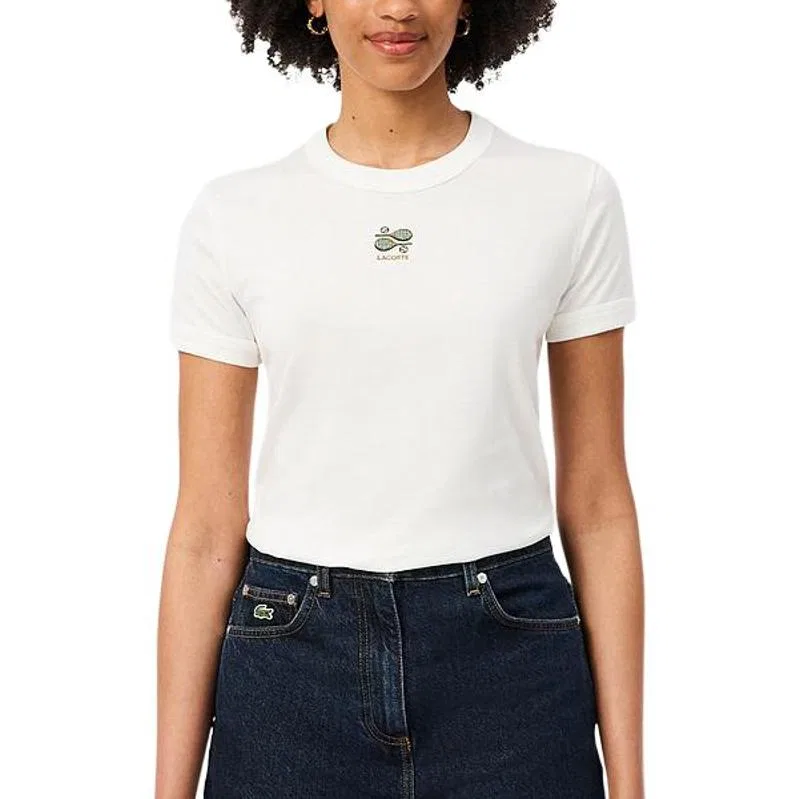 Женская футболка с круглым вырезом прямого кроя LACOSTE, Ecru — фото 4