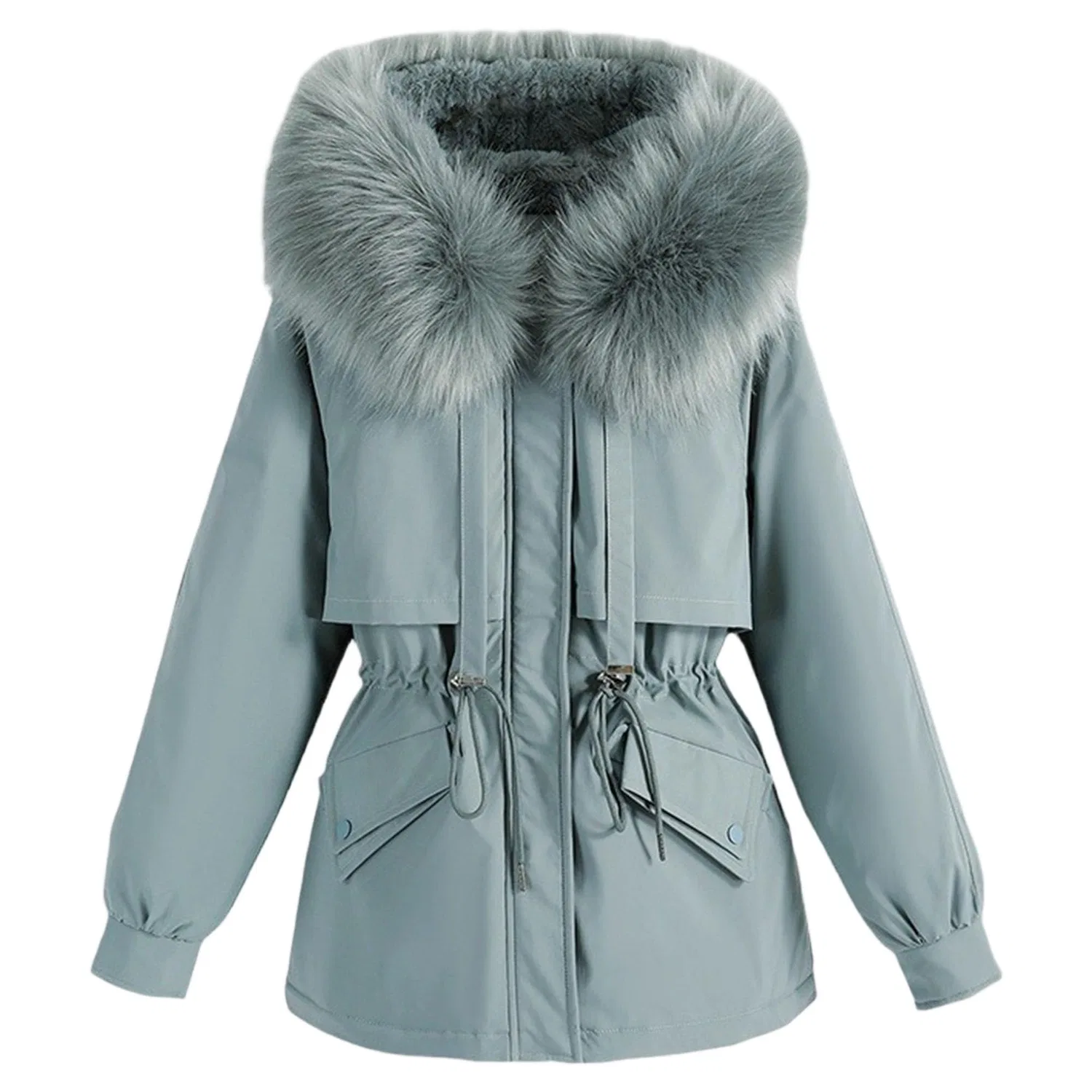 Женское зимнее пальто с флисовой подкладкой и искусственным мехом, Baby blue light