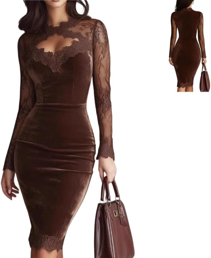 Женское мини-платье с кружевными рукавами Vintage Keyhole Neck, Brown