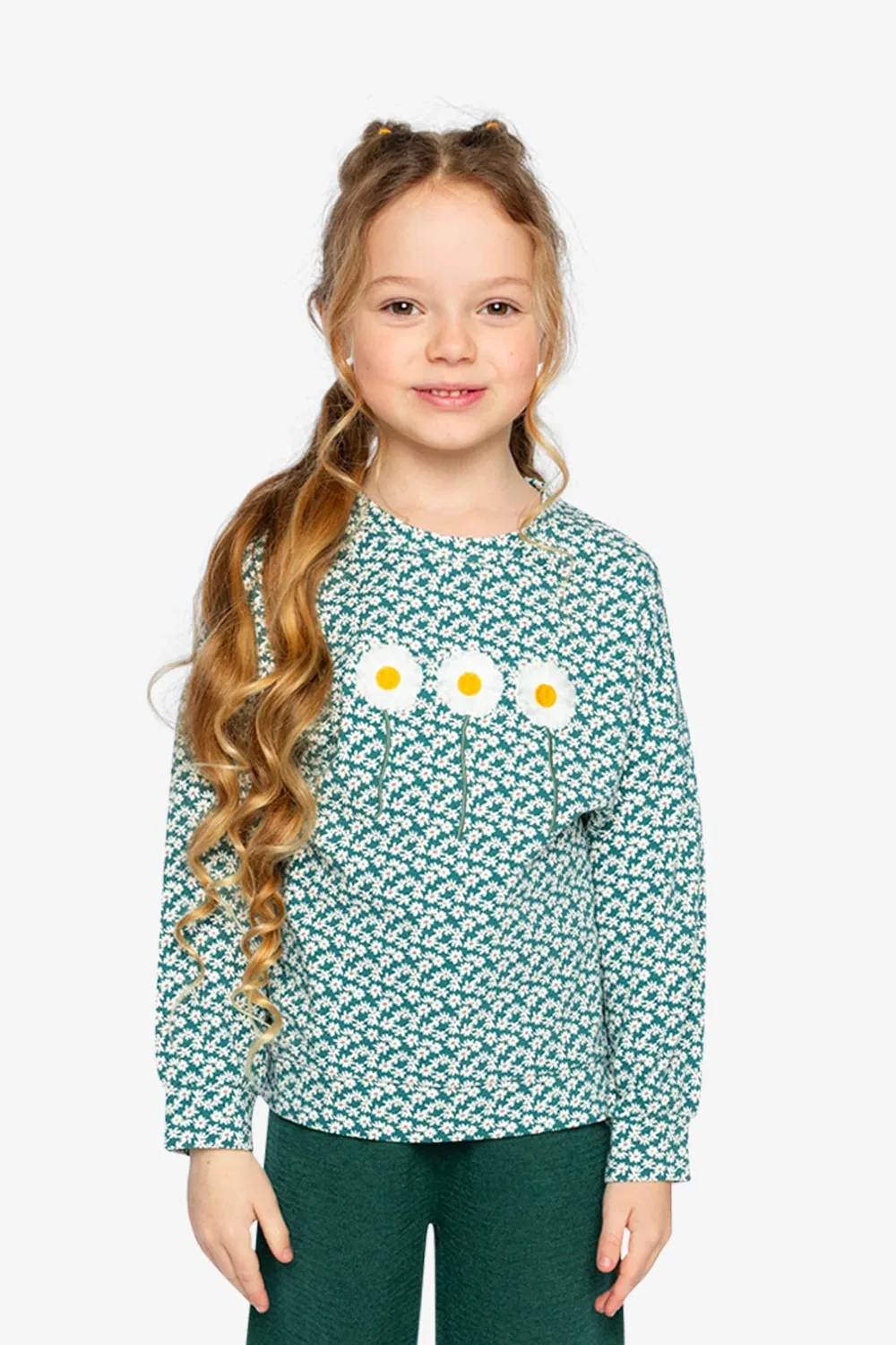 Детская футболка с длинным рукавом с принтом Frosted Strawberry Deux par Deux, Green Floral Print — фото 2