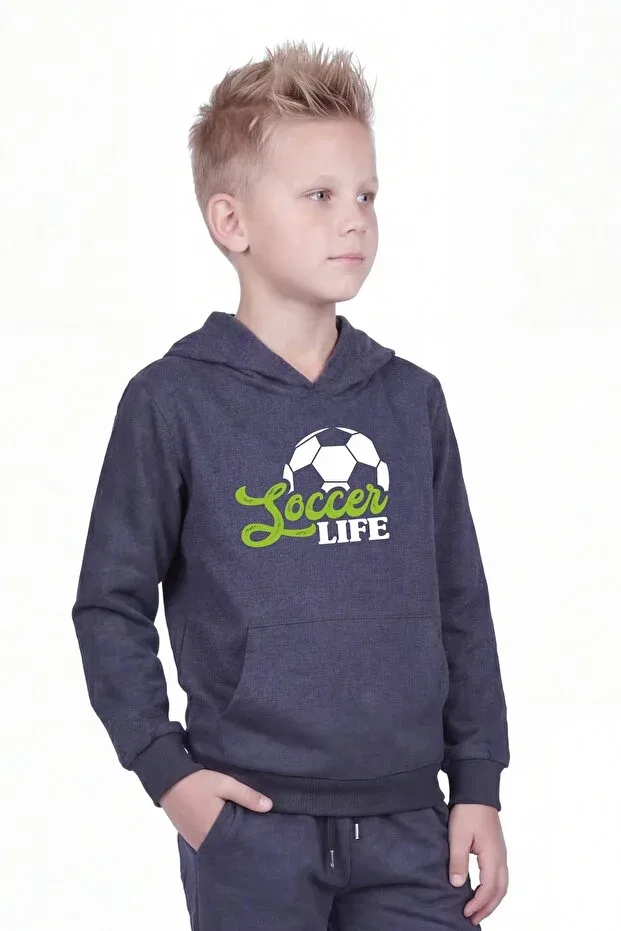Детская толстовка для мальчиков с принтом Hooded Print Detailed Boys' Sweatshirt With Kangaroo Pocket Ya Ko Kids, Smoke Grey — фото 3