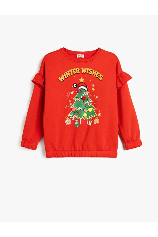 Детские свитшот для девочек с принтом Christmas tree printed frilly sweat with pompom detail Koton, Red — фото 3